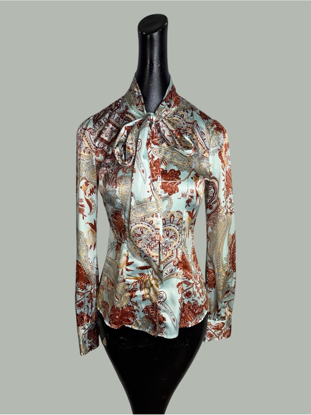 Hawes & Curtis Fitted Paisley Bow-Tie Blouse - Mint & Rust - Picture 2 of 9
